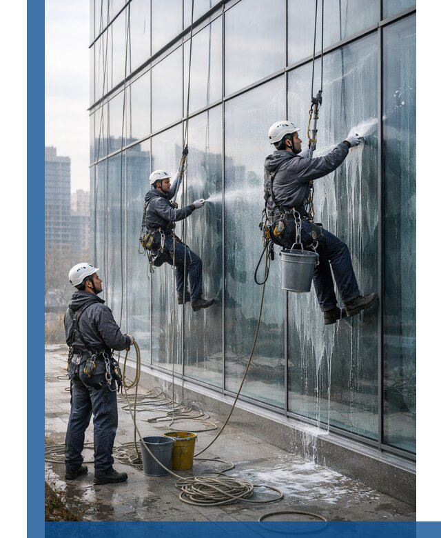 Промышленная мойка панорамных окон на высоте в Слободской