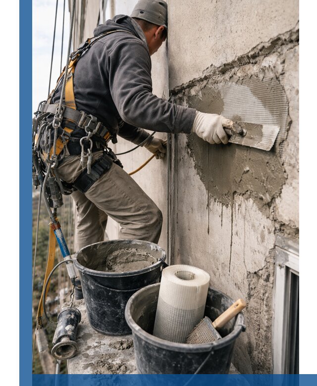 Ремонт бетонных элементов фасада промышленными альпинистами в Слободской