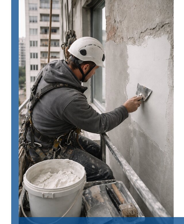 Шпаклевка фасадов на высоте с промальпинистами в Слободской