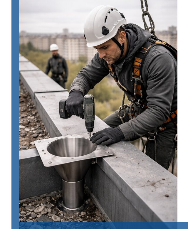 Монтаж водосточных воронок в Слободской для промышленных зданий