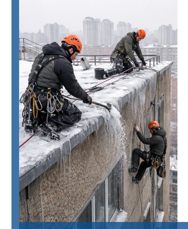 Удаление наледи с кровли в Слободской промышленными альпинистами