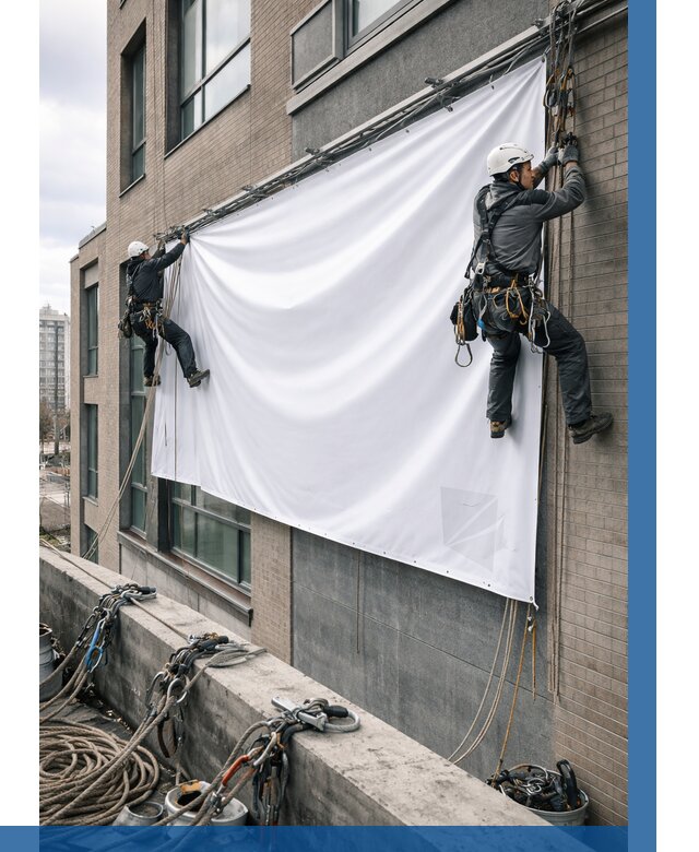 Монтаж баннеров на фасаде в Слободской от 670 р. заказать ВЫСОТНИК-Слб