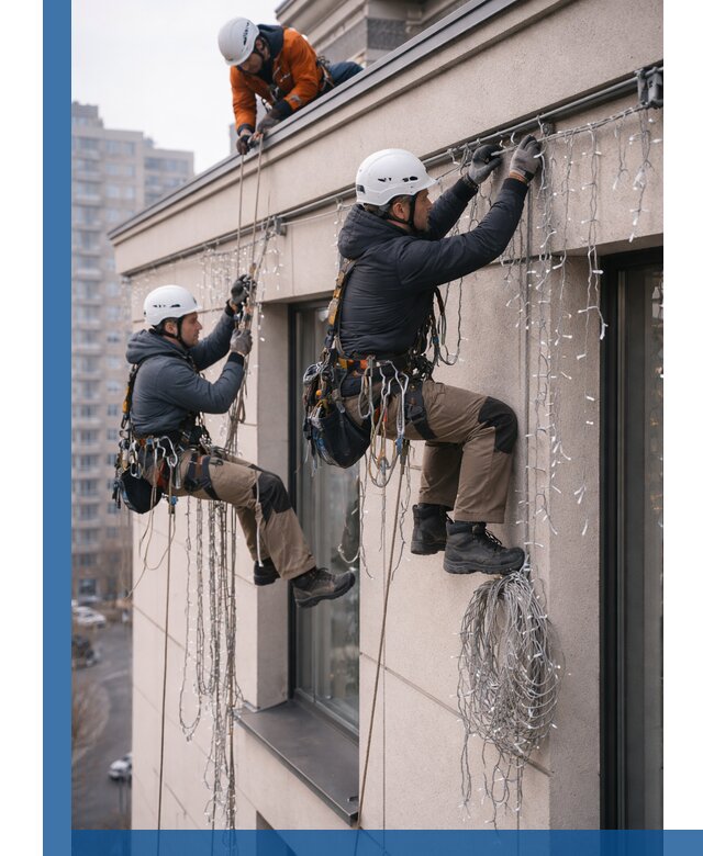 Монтаж праздничных гирлянд на фасаде в Слободской для зданий