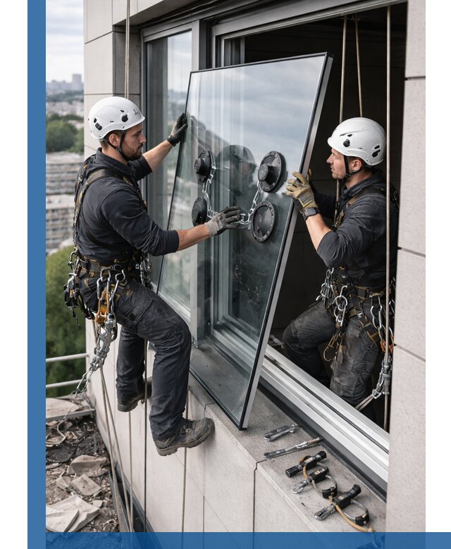 Замена стеклопакетов на высоте с промышленными альпинистами в Слободской