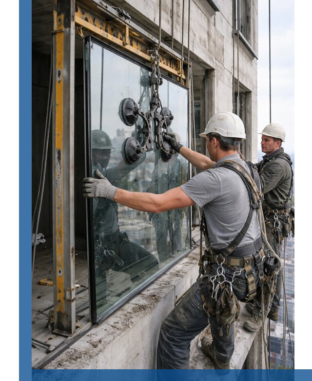 Монтаж стеклопакетов на высоте в Слободской с промышленным альпинизмом