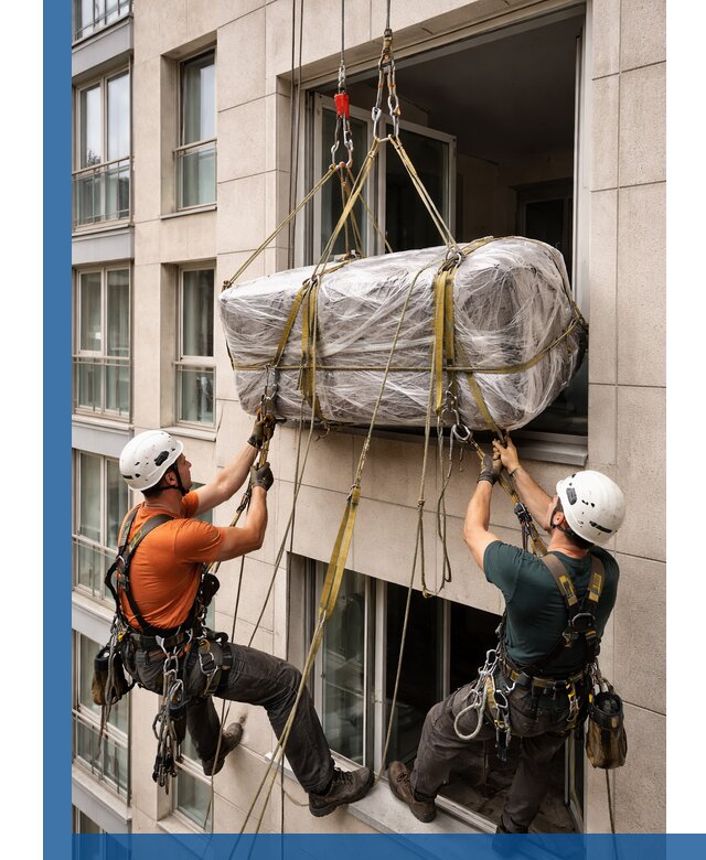 Подъем грузов через окно в Слободской промышленными альпинистами