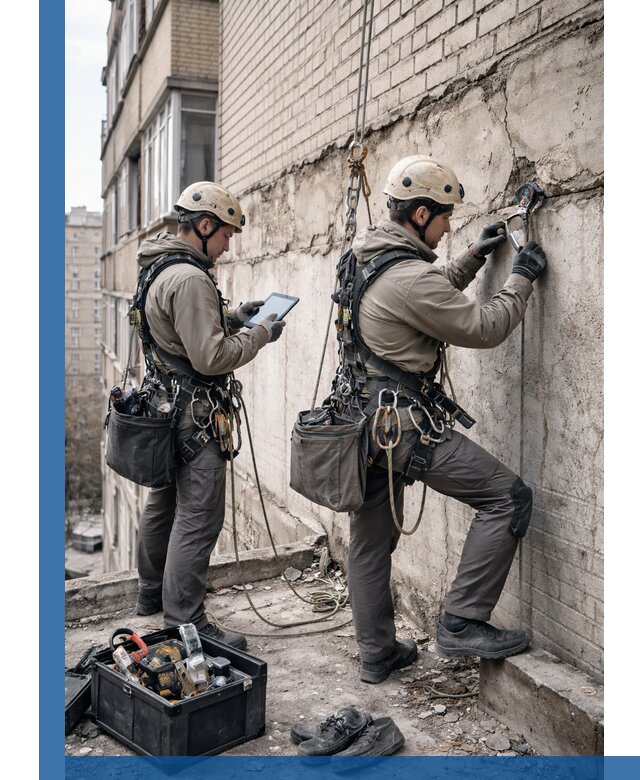 Обследование фасада промышленными альпинистами в Слободской